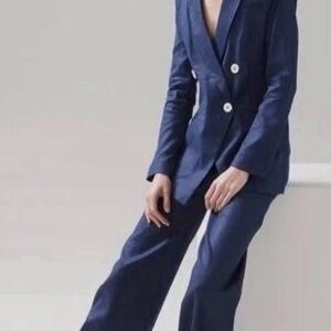 NWT White House Black Market Navy Linen Wide-Leg Suit Pants .